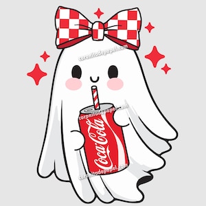 May include: A cartoon ghost wearing a red and white chequered bow and red star accents. The ghost is holding a red Coca-Cola can with a straw. The image includes the text "coronitadepapel.com".