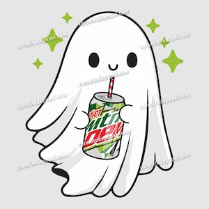 Op de afbeelding: Een cartoon spook met een vriendelijke uitdrukking, die een Diet Mountain Dew blikje vasthoudt met een rood-wit gestreept rietje. Het spook is wit met zwarte ogen en een gebogen mond. Groene sterren omringen het spook.