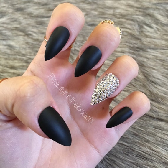 Matte black stiletto press on nails rhinestones | Etsy