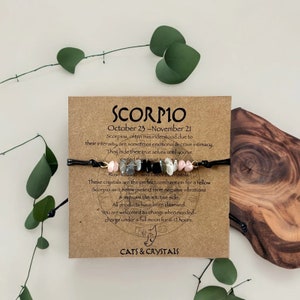 Scorpio Zodiac Crystal Bracelet – Black Tourmaline, Rose Quartz & Labradorite, Adjustable Astrology Gift