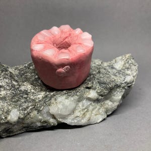 May include: A pink ceramic sculpture of a mouth with white teeth. The sculpture is sitting on a gray and white rock.
