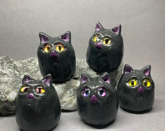 Hand-Sculpted Black Cat Figurine: Polymer Clay Animal Totem