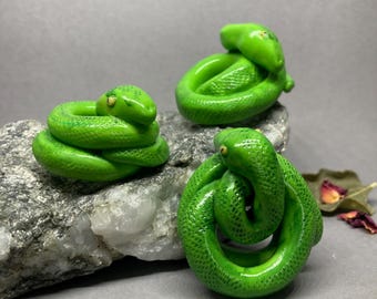 Polymer Clay Green Tree Python Figurine: Snake Animal Totem