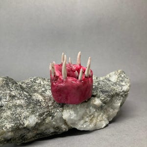 May include: A small, pink ceramic sculpture of a mouth with white teeth. The sculpture is sitting on a grey and white rock.