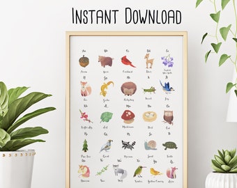 Woodland Alphabet Chart, Woodland Animal Alphabet, Print, Woodland Alphabet Poster, Woodland ABC, Woodland Nursery Decor, Woodland Printable