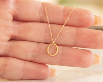 Oval Charm Halskette, 9K, 14K, 18K, Solid Gold, Geometric Karma Anhänger