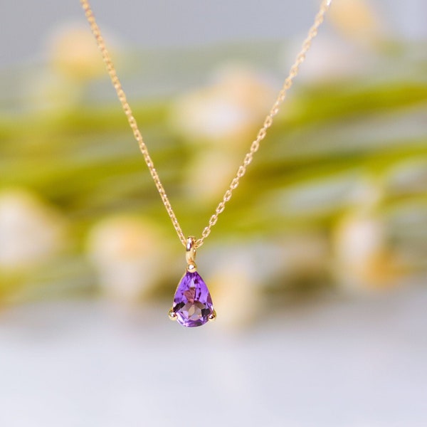 Natural Amethyst Necklace,9K,14K,18K, Solid Gold,February Birthstone,Bridesmaid Gift,Anniversary Gift, For Her,Crystal Charm,Graduation Gift