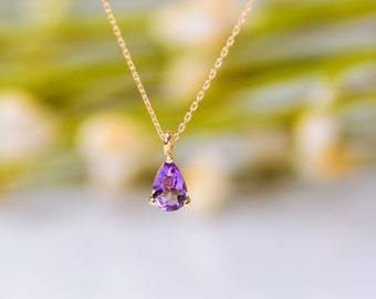 Solid Gold Teardrop Amethyst Necklace, February Birthstone, Purple Crystal, Natural Gemstone