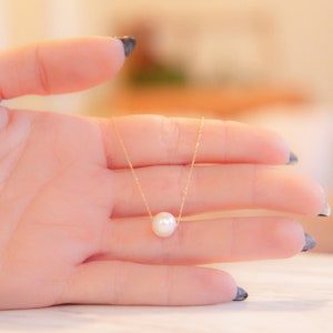 Single Pearl Necklace, 9K,14K,18K, Solid Gold, Floating Pearl, Bridal Jewelry, Mother&#39;s Day, Birthday Gift, Rose Gold, Every Day Necklace