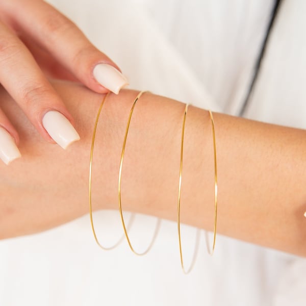 Pulsera rígida delicada, oro macizo de 14 quilates, pulsera moderna muy fina, fácil de combinar.