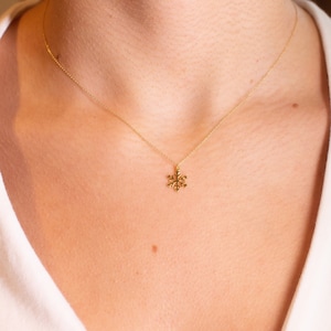 Solid Gold Snowflake Necklace: Handmade Winter Charm, Thin Chain