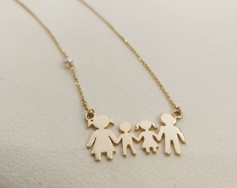 Gold Family Necklace, 9K,14K,18K, Solid Gold, Mother&#39;s Day Gift, Baby Shower Gift, Figures Necklace, Mother, Father, Daughter, Son