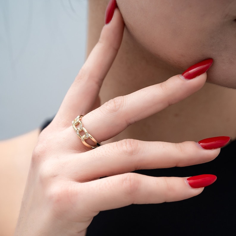 Gold Chain Ring,K14 Solid Gold,Statement Ring,Link Chain Ring,Eternity Ring,Graduation Gift,Stackable Ring,Mother's Day Gift,Rose Gold Ring image 3