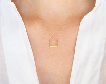Gold Square Necklace,9K,14K,Solid Gold Necklace,Rose Gold Pendant,Simple Geometric Necklace,Birthday Gift,Bridesmaid Gift,For Her,For Him