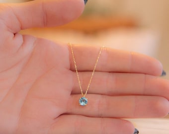 Blue Topaz Necklace, Solid Gold, K9, K14, K18, December Birthstone, Round Crystal