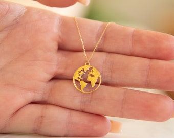 Earth Necklace,9K,14K,Solid Gold Necklace,World Map Pendant,Birthday Gift,For Him,Coin Necklace,Globe Charm,Travel Buddies Jewelry,For Her