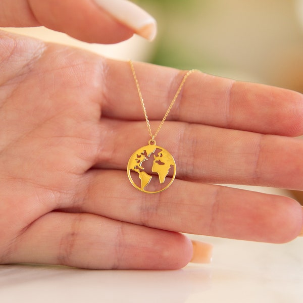 Earth Necklace,9K,14K,Solid Gold Necklace,World Map Pendant,Birthday Gift,For Him,Coin Necklace,Globe Charm,Travel Buddies Jewelry,For Her