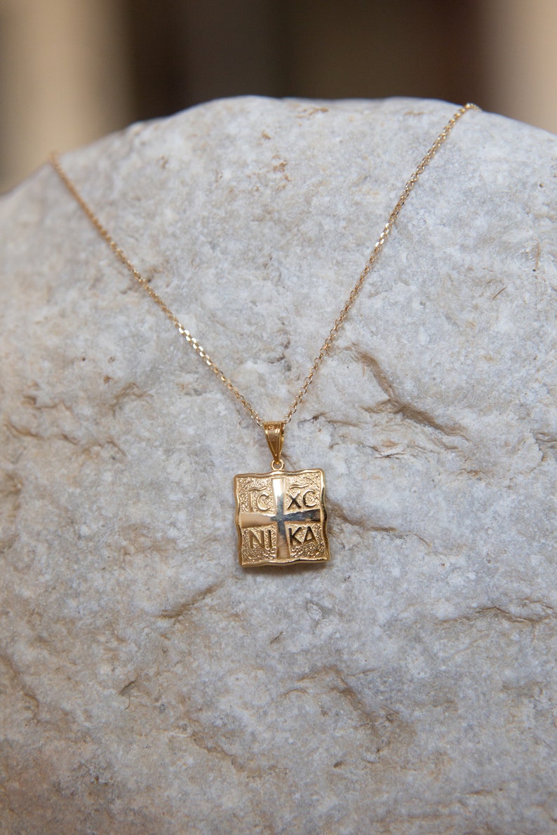 Constantine Necklace,ICXC NIKA,9K,14K,18K,Solid Gold ,Christian Necklace,Baptism Gift,Layering Necklace,Square Gold Cross Charm,For Her image 4