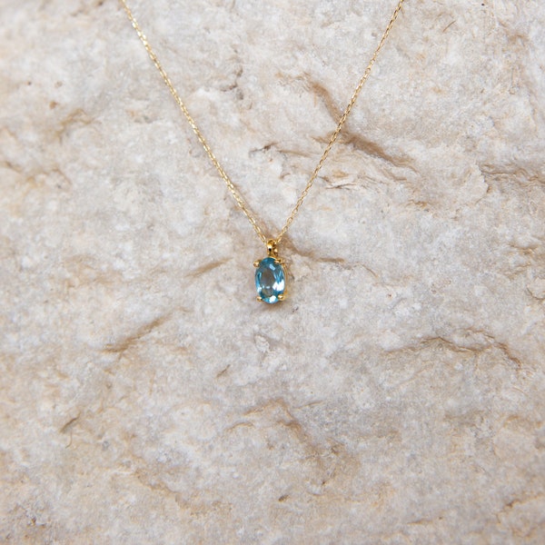 Collier aigue-marine, pierre de naissance de mars, aigue-marine naturelle, pierre précieuse bleue ovale, 9 carats, 14 carats, 18 carats, collier en or massif, cadeau pour elle, cadeau de fête des mères