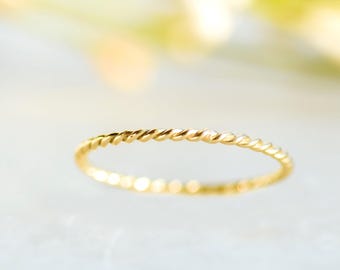 K14 Solid Gold Twist Ring, Dainty Rope Wedding Band, Stacking Ring