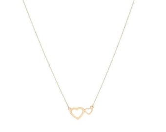 Double Hearts Necklace, K9,K14,K18,Solid Gold,Mother's Day Gift, Love Jewelry,Sisters Necklace,Birthday Gift, New Mommy Gift,Mother Daughter