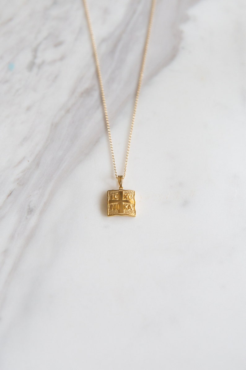 Constantine Necklace,ICXC NIKA,9K,14K,18K,Solid Gold ,Christian Necklace,Baptism Gift,Layering Necklace,Square Gold Cross Charm,For Her image 6