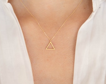 Tiny Gold Triangle Necklace,9K,14K Solid Gold Necklace,Bridesmaid Gift,Birthday Gift,Dainty Chain Necklace,Floating Triangle,Gift For Him