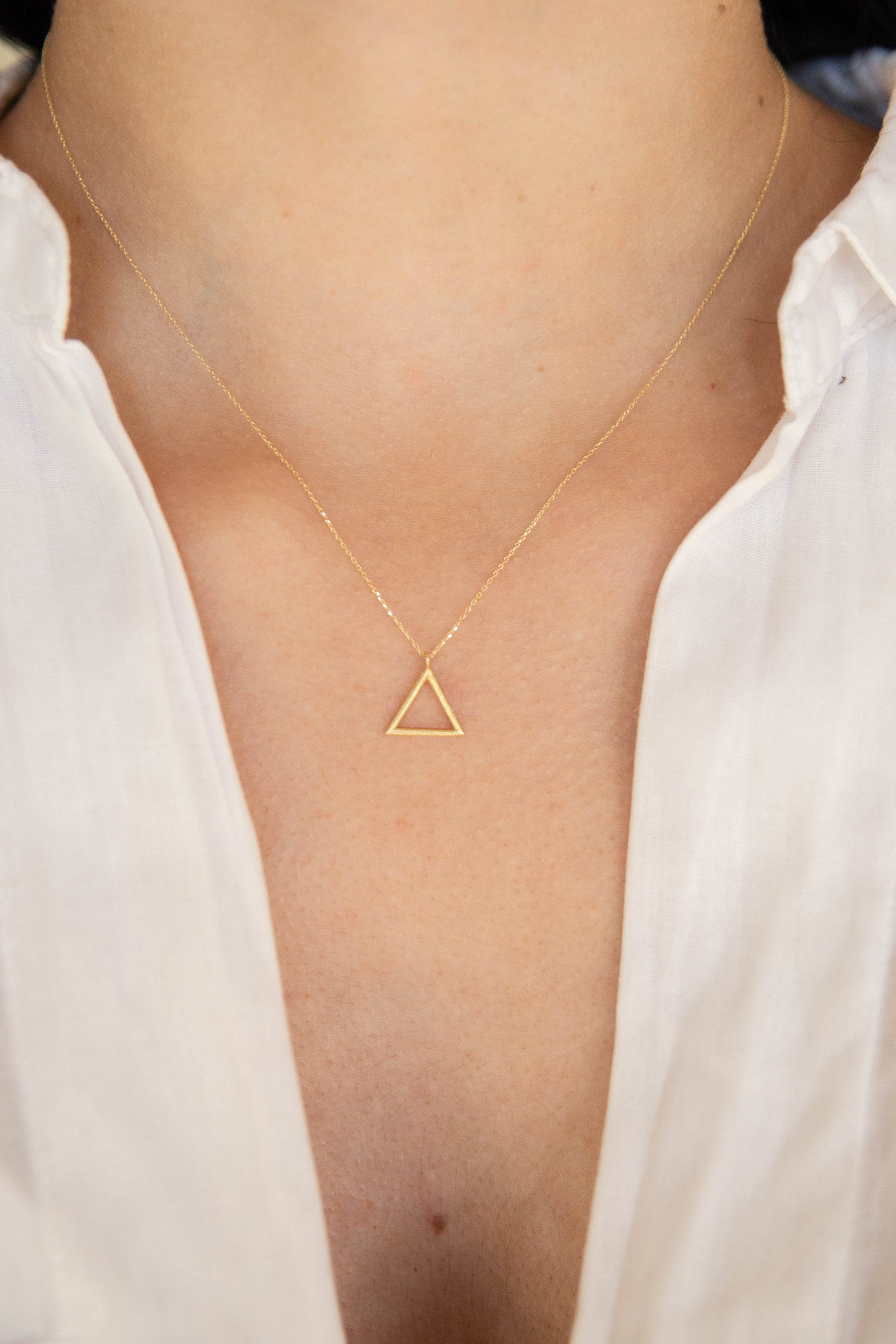 Tiny Gold Triangle Necklace, 9K,14K,18K, Solid Gold, Bridesmaid Gift, Birthday Gift, Dainty Chain, Floating Triangle, Gift For Him