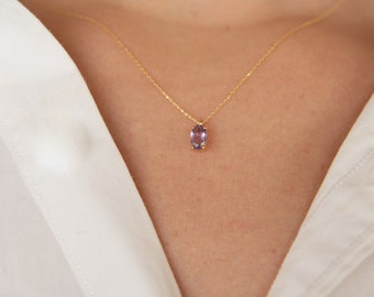 Collier en améthyste naturelle, or massif 9 carats, 14 carats, 18 carats, pierre de naissance de février, cadeau pour la fête des mères, cadeau d'anniversaire, cadeau fille, pierre violette, or rose.