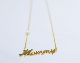 Mommy Necklace,9K,14K,18K,Solid Gold,Mommy Word,Baby Shower Gift, Mother's Day Gift, New Mom Gift, Mama Jewelry,Handmade,Gift For Her