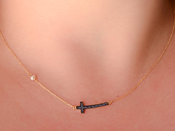 14K Gold Cross Sideways Cross Necklace 
