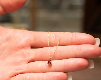 Red Garnet Teardrop Necklace: Solid Gold January Birthstone
