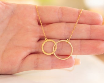 Interlocking Circles Necklace,9K,14K,18K,Solid Gold,Infinity Necklace,Mother Daughter,Double Circle, Mother's Day Gift,Two Rings Necklace