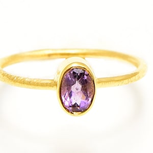 Natural Amethyst Ring, 14K Solid Gold Ring, February Birthstone, Valentine&#39;s Day Gift, Purple Gemstone, Simple Ring, Crystal Stacking Ring