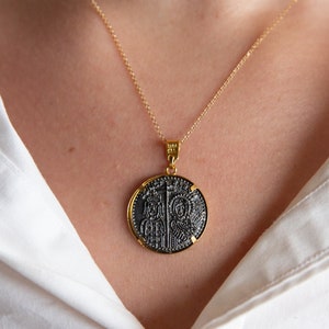 Handmade Solid Gold Constantine Coin Necklace: Byzantine Cross Medallion