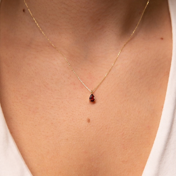 Collana di granato rosso,Collana di pietre portafortuna, 9K,14K,18K, Oro massiccio, Regalo da damigella d'onore, Collana minimalista, Pietra portafortuna di gennaio, Regalo per la festa della mamma