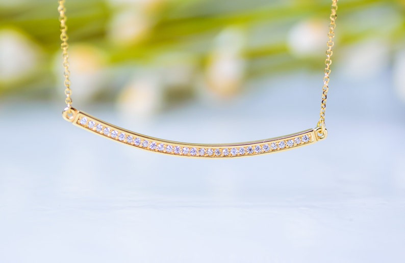 Gold Bar Necklace,14K Gold Curved Bar Pendant,Cubic Zirconia Bar,For Her,Graduation Gift,Birthday Gift,Bridesmaids Gift Layered Necklace