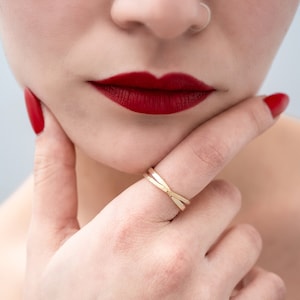 K14 Solid Gold Criss Cross Ring: Handmade Two Band Wrap Ring