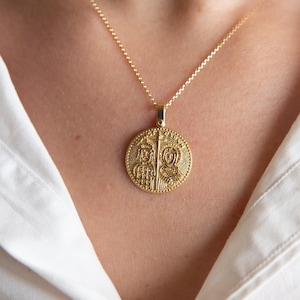 K14 Solid Gold Konstantine Münze Halskette, ECXC NIKA, Christian Cross, Für Ihn