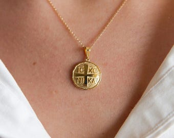 Constantine Coin Necklace,K14,Solid Gold,ICXC NIKA,Christian,Byzantine Cross Medallion