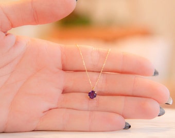 Amethyst Necklace, Solid Gold, February Birthstone, Round Crystal, Purple Gemstone