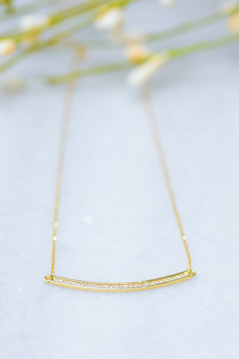 Gold Bar Necklace,14K Gold Curved Bar Pendant,Cubic Zirconia Bar,For Her,Graduation Gift,Birthday Gift,Bridesmaids Gift Layered Necklace