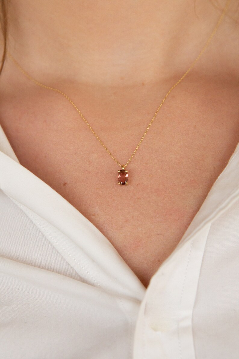 Pink Tourmaline Necklace,October Birthstone,9K,14K,18K Solid Gold,Pink Crystal,Anniversary Gift,Birthday Gift,Oval Gemstone Pendant image 2