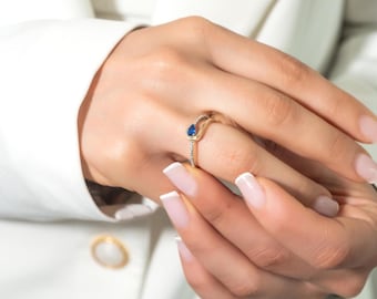 Blue Topaz Ring, K9, Solid Gold, Teardrop Crystal, December Birthstone, Delicate Jewelry