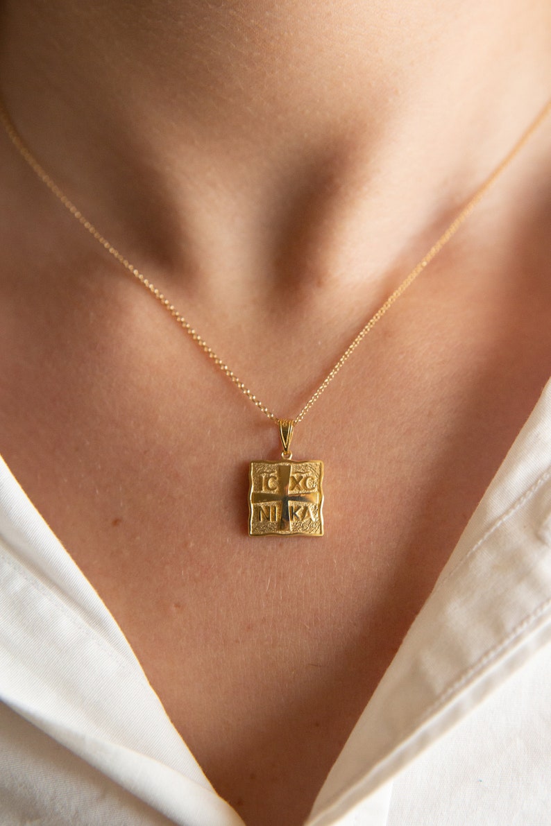 Constantine Necklace,ICXC NIKA,9K,14K,18K,Solid Gold ,Christian Necklace,Baptism Gift,Layering Necklace,Square Gold Cross Charm,For Her image 1
