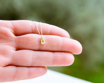 Solid Gold Peridot Necklace: August Birthstone Teardrop Pendant