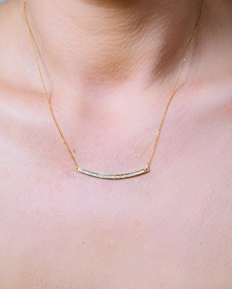 Gold Bar Necklace,14K Gold Curved Bar Pendant,Cubic Zirconia Bar,For Her,Graduation Gift,Birthday Gift,Bridesmaids Gift Layered Necklace