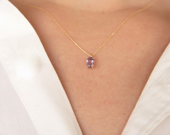 Oval Amethyst Necklace,9K,14K,18K, Solid Gold, February Birthstone, Purple Gemstone