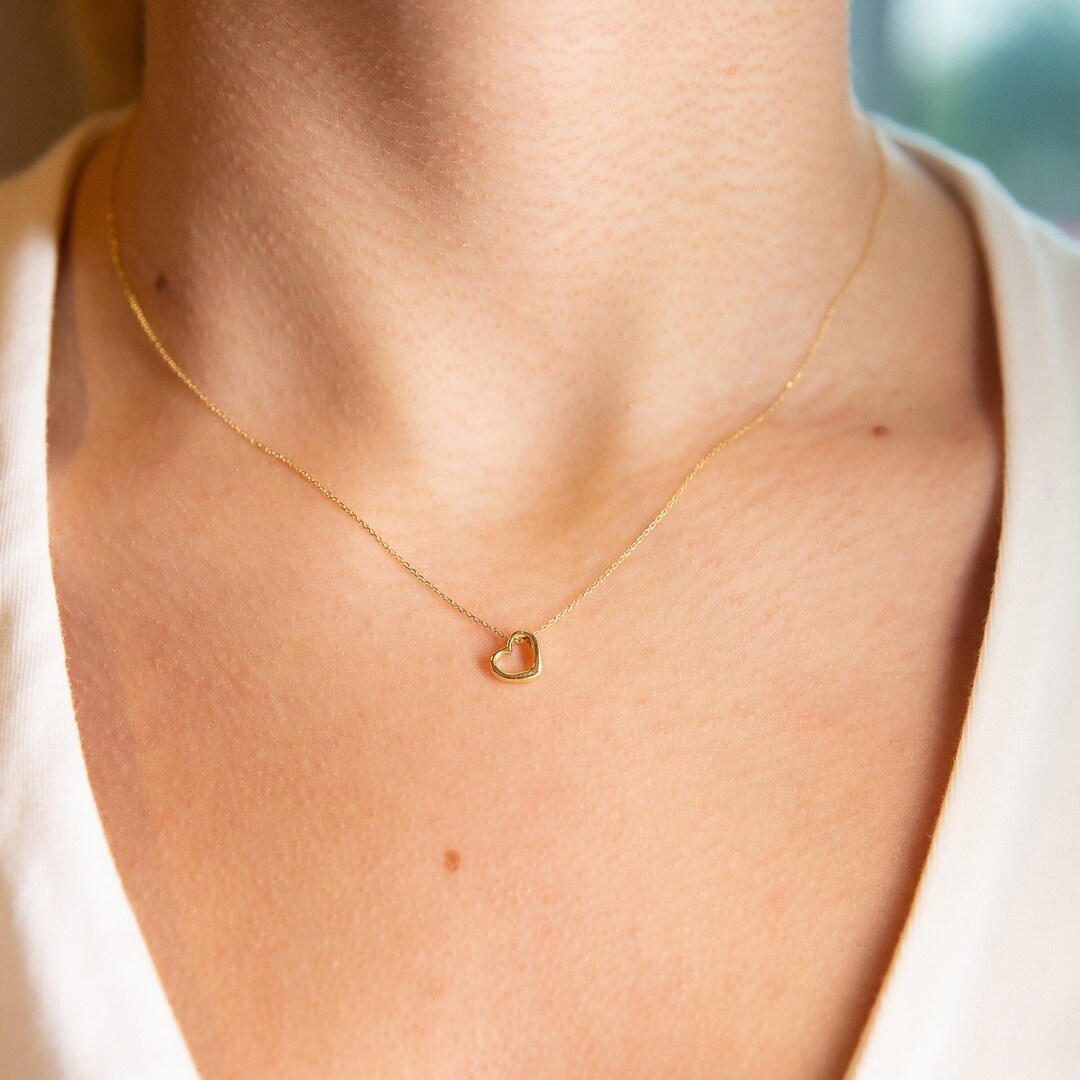 Tiny Heart Necklace, Solid Gold, K9,K14,K18, Open Heart Charm