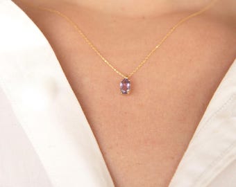 Oval Amethyst Solid Gold Necklace: February Birthstone